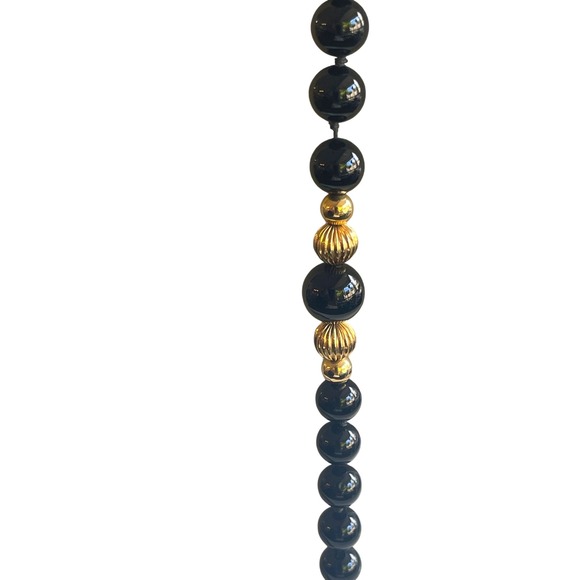 Vintage 30" Black Onyx Bead Necklace w/14K Gold Beads & Clasp 75g Estate Jewelry - Picture 3 of 6